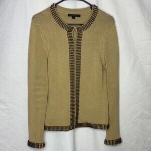 Boden Tan Cotton Cardigan w/ Wooden Bead Trim Size 14 Boho Knit Sweater